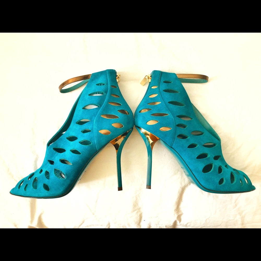 Jimmy Choo "Tamber" Teal Suede Cut-Out Stiletto